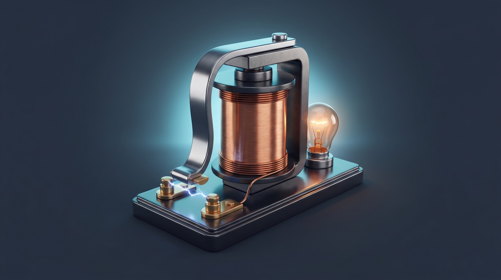 A 3D illustration of a single electromechanical relay — copper coil, iron armature, and contacts — beside a glowing lamp.