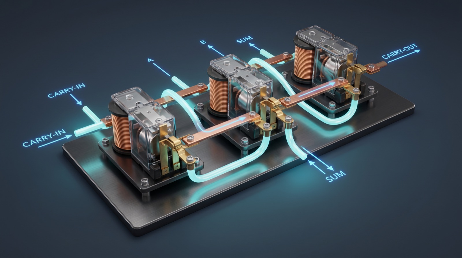 Two relay half adders wired together with an OR gate — the full adder circuit showing A, B, and carry-in inputs producing sum and carry-out outputs.
