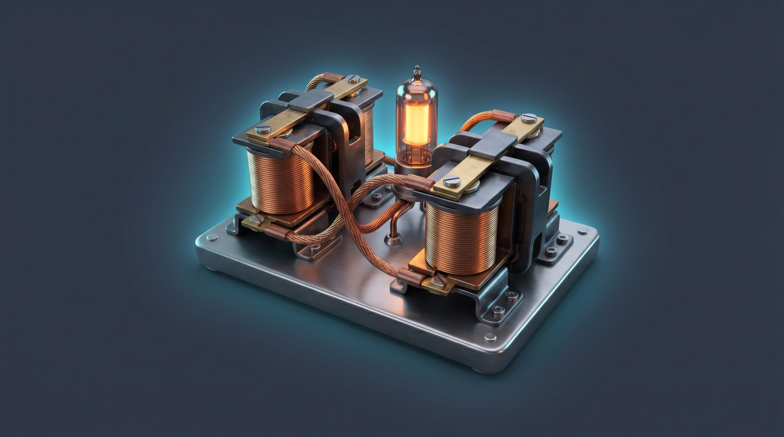 Two cross-coupled relay gates wired as an RS latch — one gate's output feeds the other's input — shown with Set and Reset inputs and the Q output holding its last state.