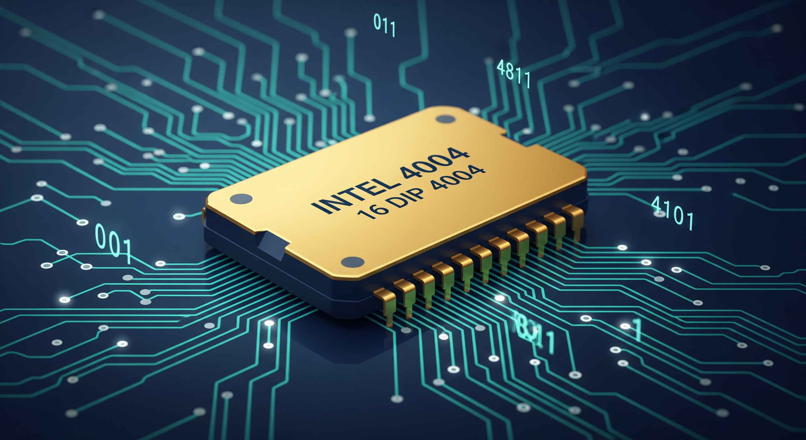A gold ceramic Intel 4004 integrated circuit on a deep blue circuit board with glowing traces and binary digits.