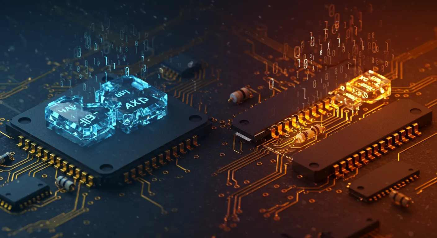 Isometric 3D render of a half adder and full adder circuit side by side on a brushed aluminum PCB.