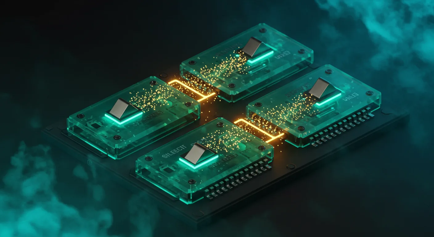 Cinematic 3D render of a 4-to-1 multiplexer as a futuristic data traffic junction with four converging luminous pathways.