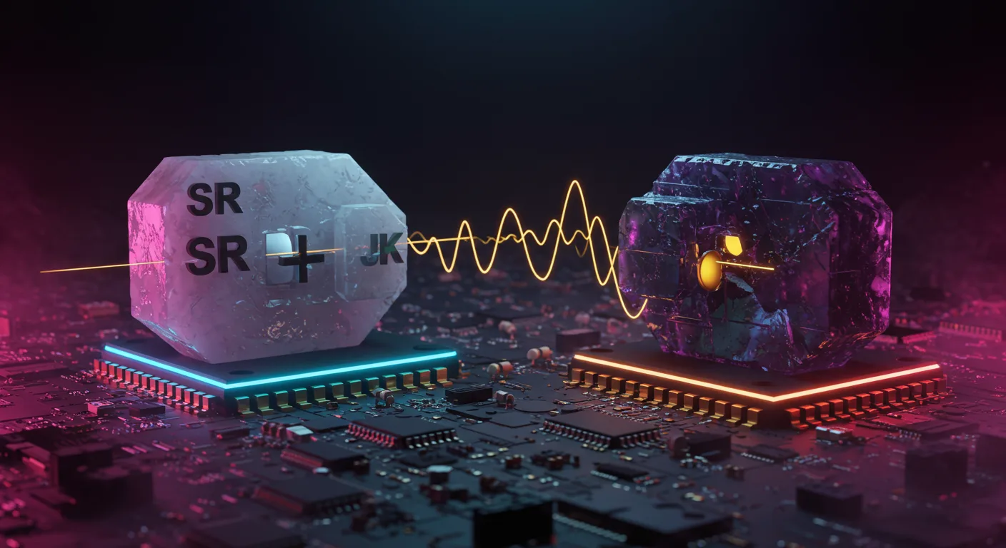 Dramatic 3D visualization of an SR flip-flop and JK flip-flop as twin architectural structures on a dark silicon landscape.