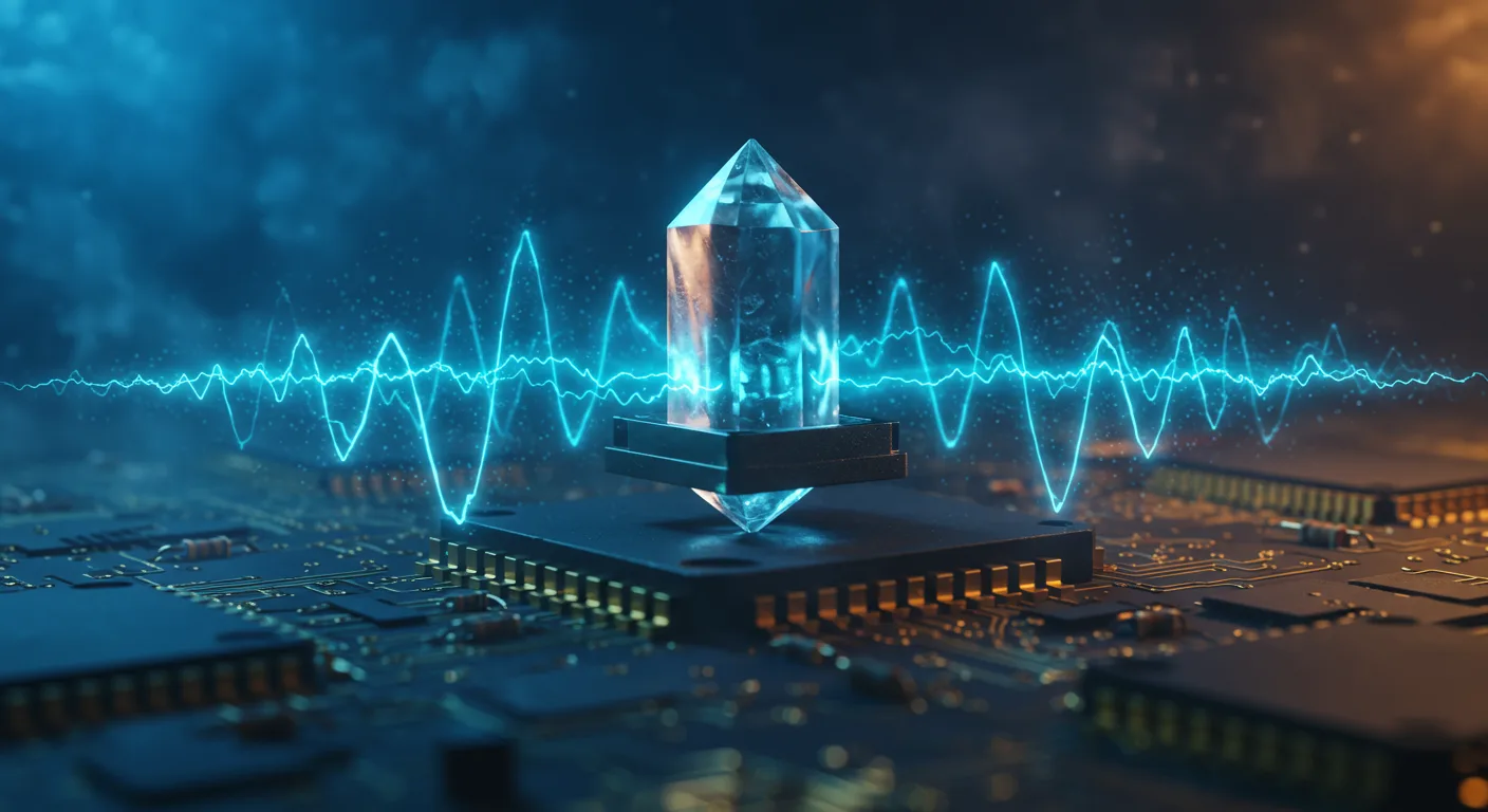 Cinematic 3D render of a crystal oscillator generating a precise clock signal for digital circuits.