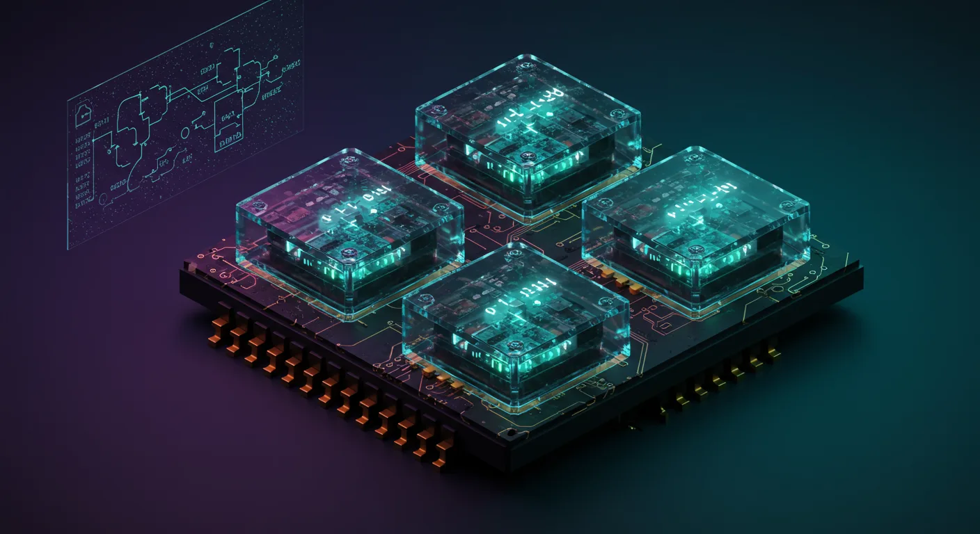 A stunning isometric 3D render of a 4-bit binary counter and finite state machine: four cascaded flip-flops constructed fr...