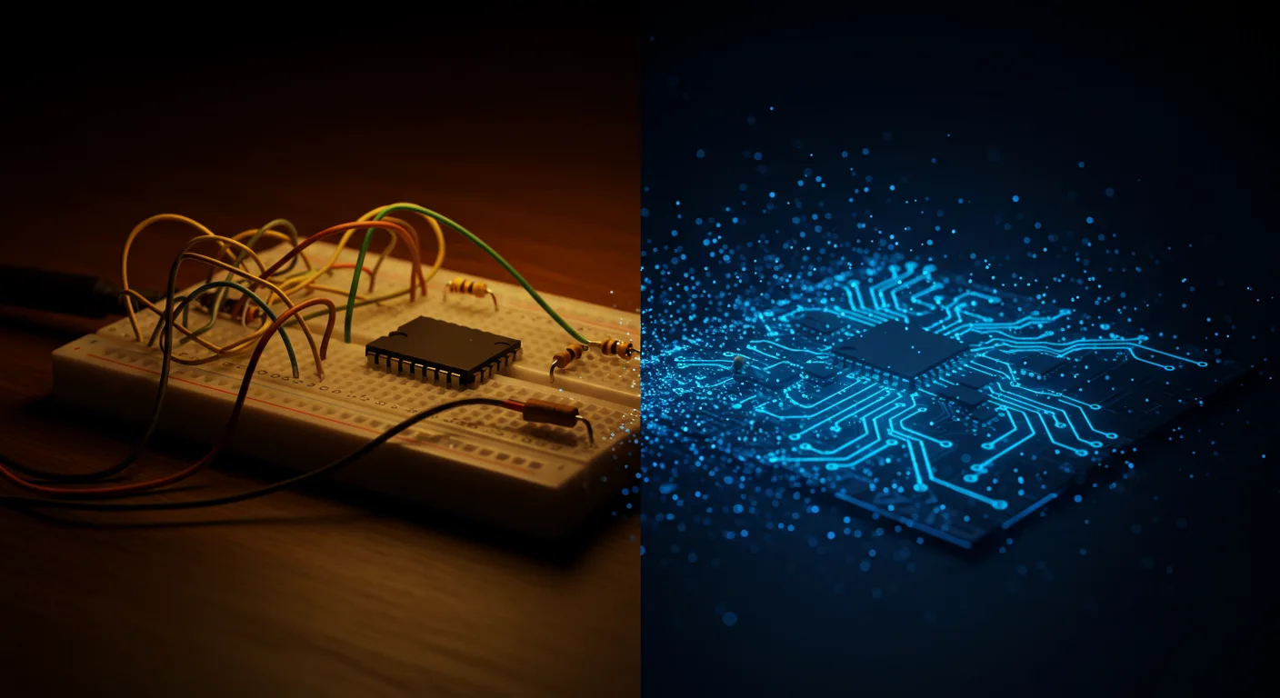 Split-screen comparison of a physical breadboard with tangled wires and a clean virtual circuit simulator.