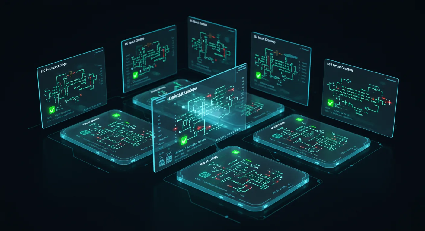 Automated circuit grading workflow showing multiple student circuit submissions on glowing digital screens.