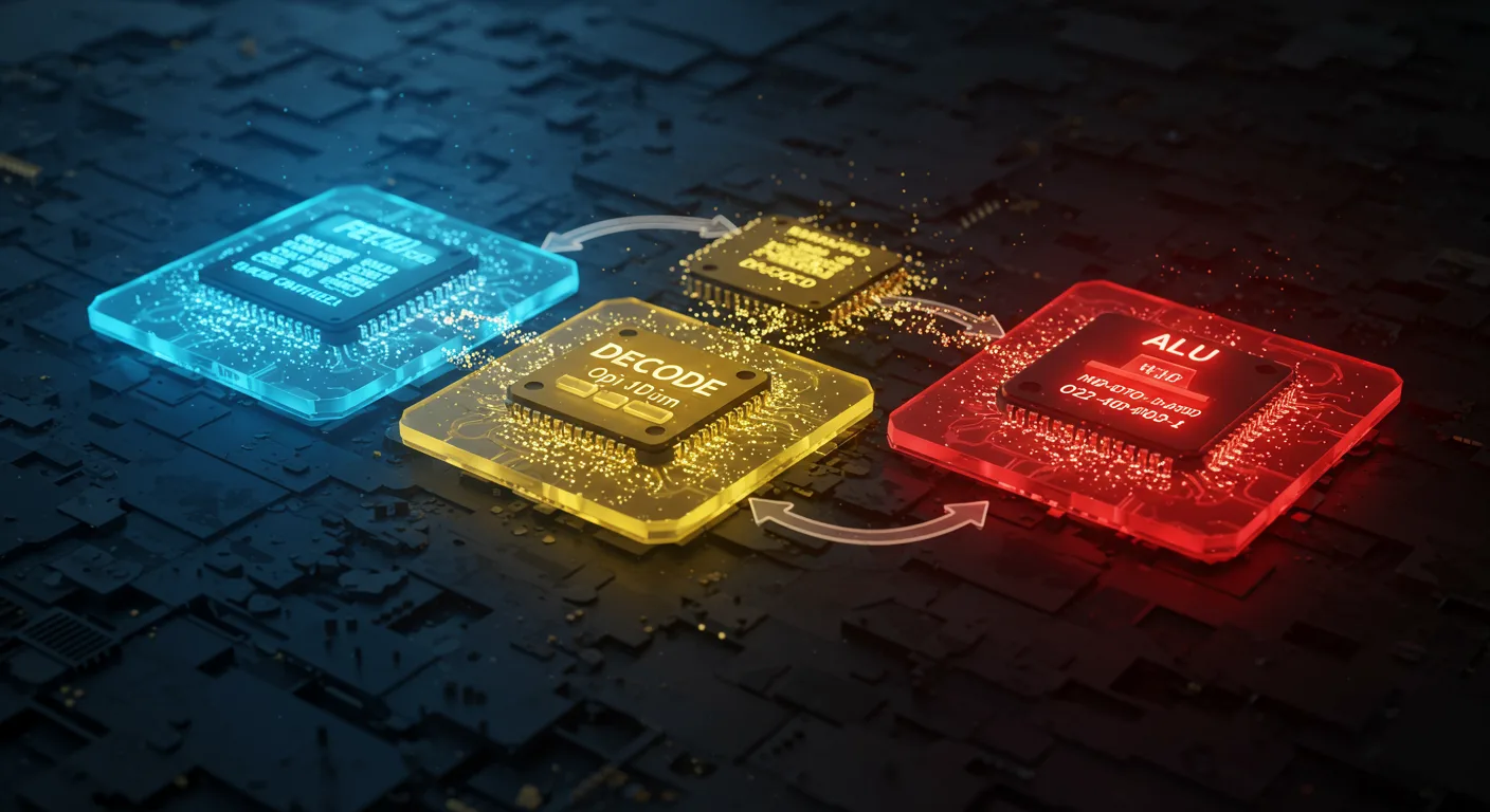 A breathtaking 3D visualization of the CPU fetch-decode-execute cycle: a translucent processor die revealing its internal ...